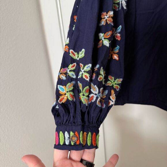 Maeve Anthropologie Sonja Blouse Top Sz 0 Blue Embroidered Balloon Sleeve V Neck - Picture 4 of 12